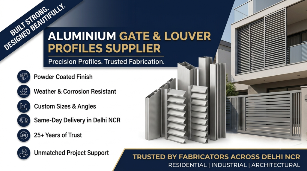 Current image: Aluminium gate and louver profiles supplier in Delhi with powder-coated finish.