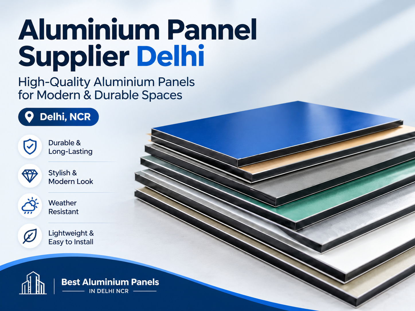 Stack of colourful aluminium composite panels in blue, green, grey and silver from an aluminium panel supplier Delhi