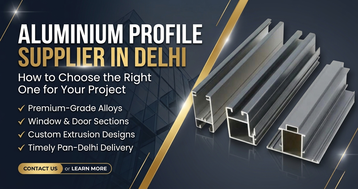 Aluminium profile supplier in Delhi banner showing window and door aluminium profile sections