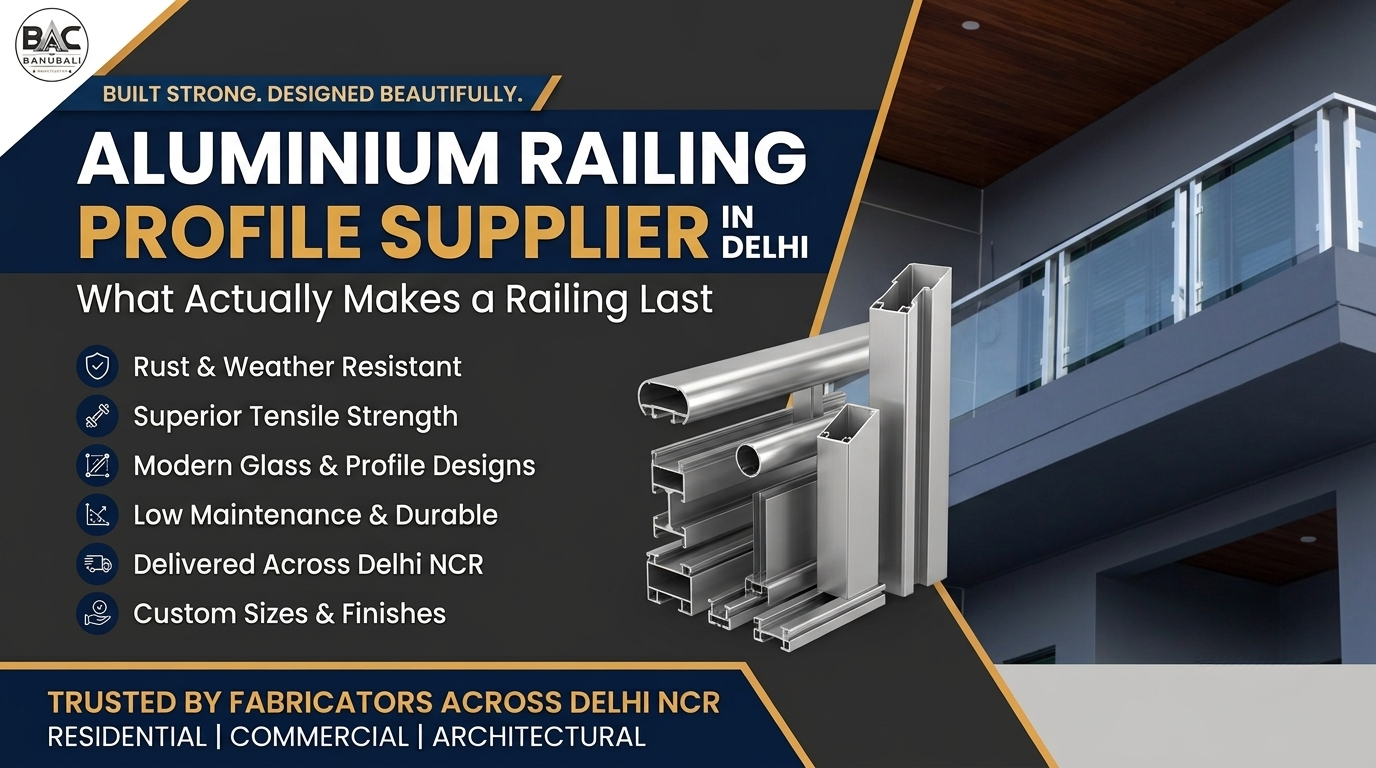 Aluminium railing profile supplier in Delhi showing glass balcony railing installation and extruded aluminium U-channel profiles by Bahubali Aluminium