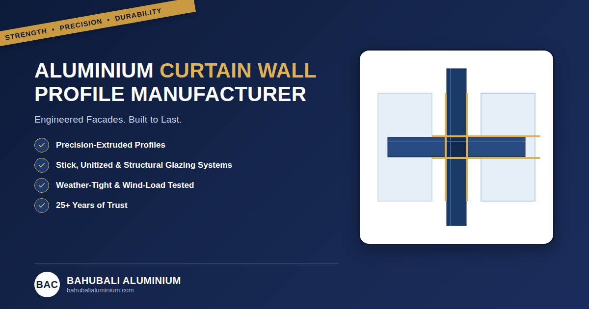 Aluminium curtain wall profile manufacturer in Delhi — precision-extruded mullion cross-section with glass panels by Bahubali Aluminium
