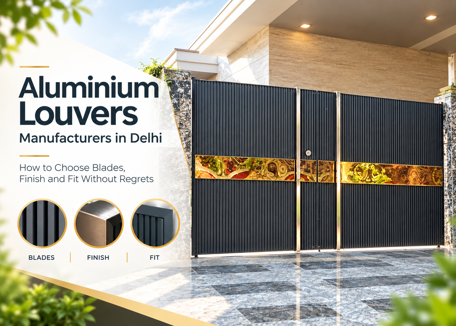 Black aluminium louvers gate with vertical blades and gold accent panel, by aluminium louvers manufacturers in Delhi