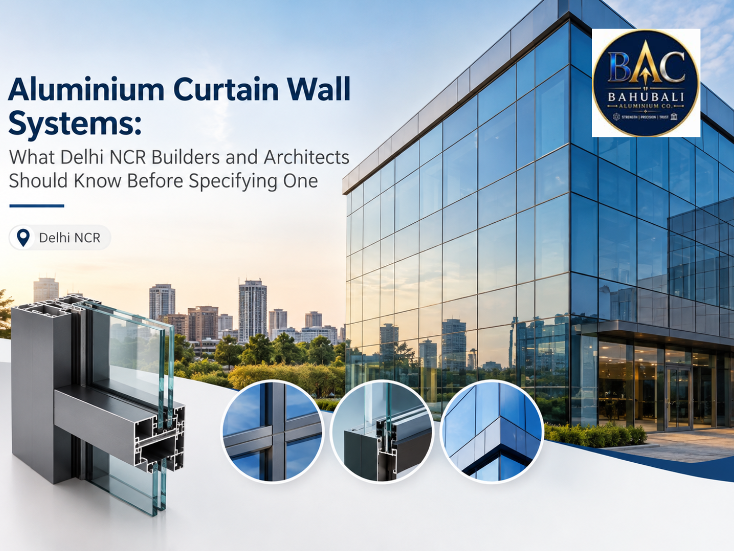 Aluminium curtain wall systems guide for Delhi NCR showing a glass facade and aluminium profile cross-section