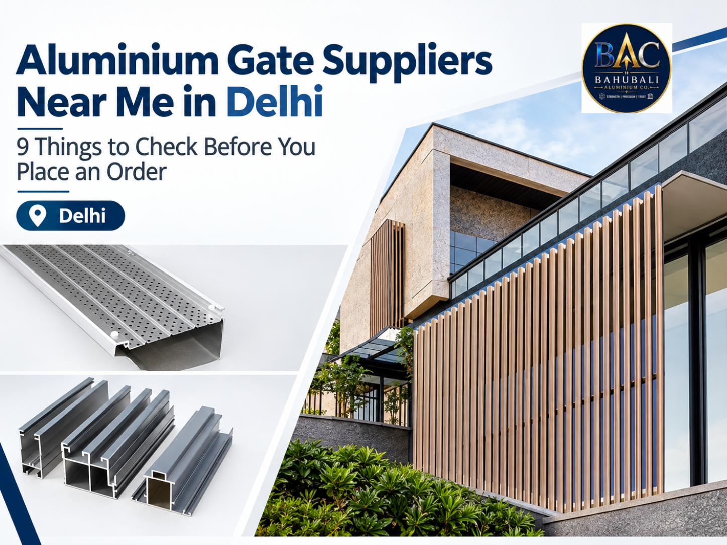 Aluminium profiles and vertical louver fins on a modern building, guide to aluminium gate suppliers near me in Delhi by Bahubali Aluminium Co.