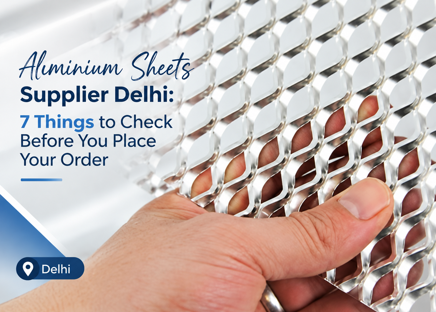 Hand holding an expanded aluminium sheet, featured image for aluminium sheets supplier Delhi buyer's checklist