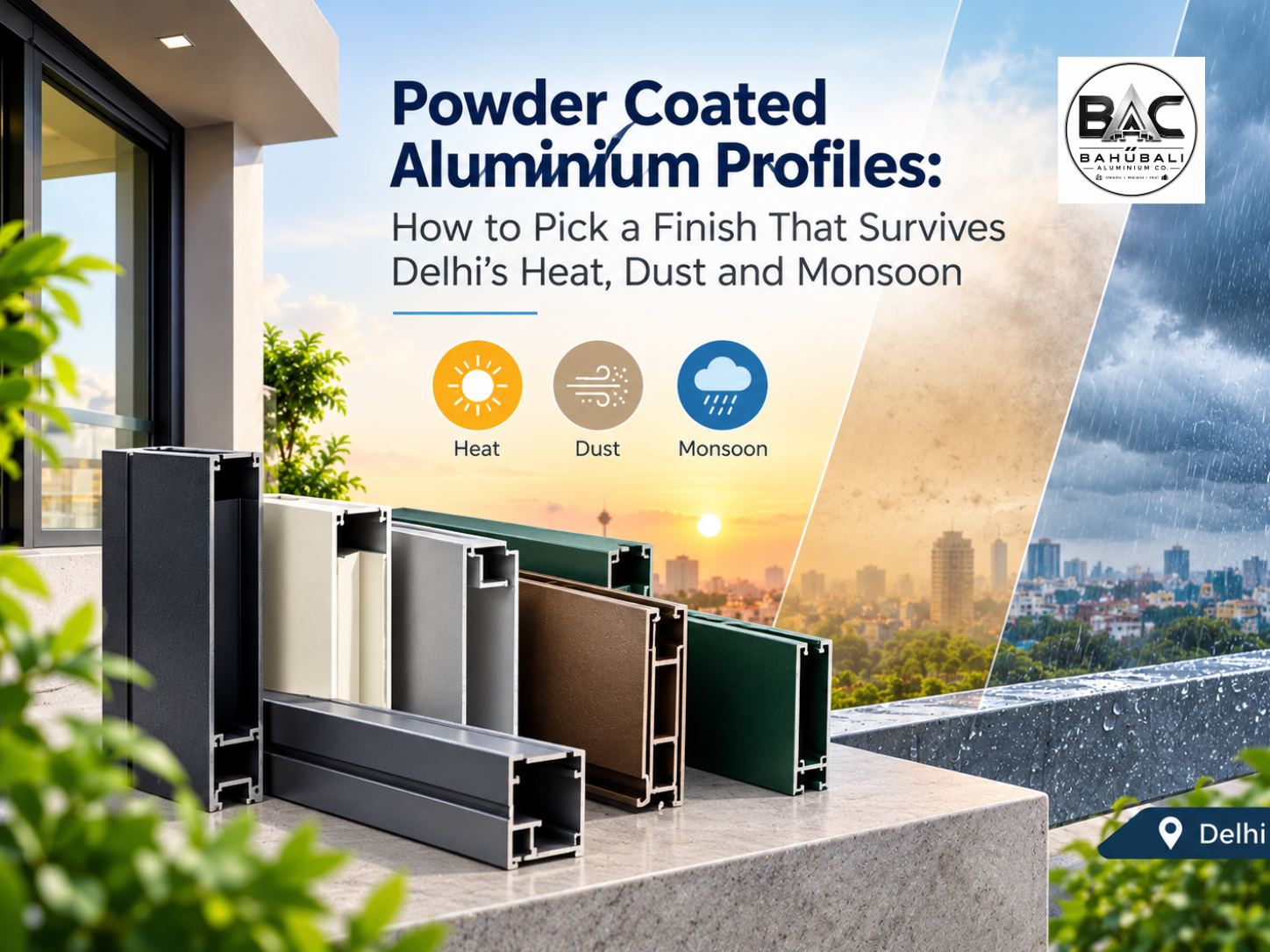 Powder coated aluminium profiles in charcoal, cream, grey, brown and green finishes for Delhi weather