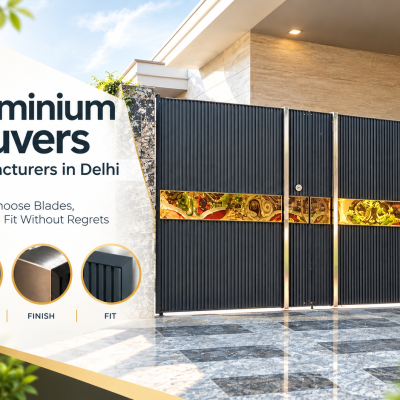 Black aluminium louvers gate with vertical blades and gold accent panel, by aluminium louvers manufacturers in Delhi