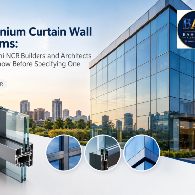 Aluminium curtain wall systems guide for Delhi NCR showing a glass facade and aluminium profile cross-section