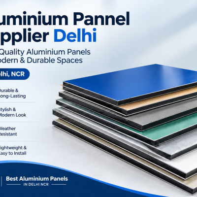 Stack of colourful aluminium composite panels in blue, green, grey and silver from an aluminium panel supplier Delhi