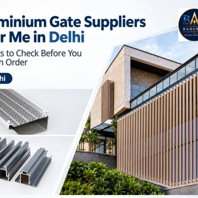 Aluminium profiles and vertical louver fins on a modern building, guide to aluminium gate suppliers near me in Delhi by Bahubali Aluminium Co.