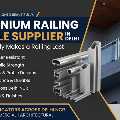 Aluminium railing profile supplier in Delhi showing glass balcony railing installation and extruded aluminium U-channel profiles by Bahubali Aluminium