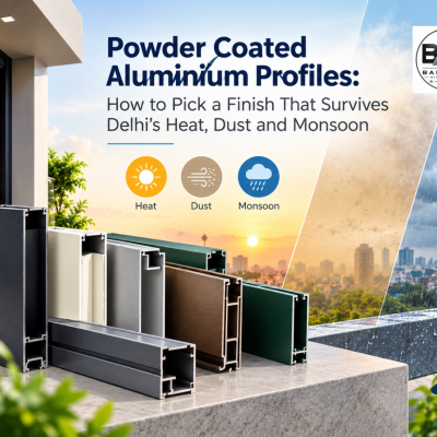 Powder coated aluminium profiles in charcoal, cream, grey, brown and green finishes for Delhi weather
